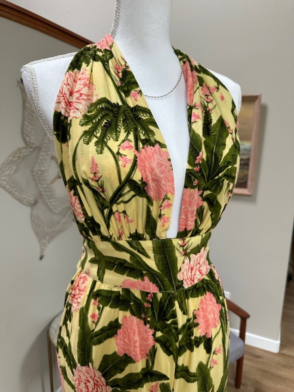 Agua Bendita Floral Halter wide leg jumpsuit in Yellow, Pink & Green - Picture 2 of 12